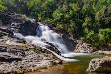 Fototapeta na wymiar Long exposure shot of Khlong Nam Lai waterfall in Klong Lan national park at Kamphaeng Phet, Thailand