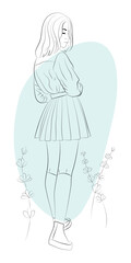 Vector illustration of a teenage girl. Schoolgirl in student uniform: shirt, pleated skirt, stockings, sneakers. The background contains abstract elements and floral ornaments