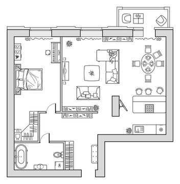 Architectural plan view from above. Apartment with kitchen and bedroom. Floor plan with furniture placement, top view. The interior design project. Vector