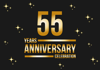 Fototapeta na wymiar 55 years anniversary celebration logo. Gold vector on black background with glitter.