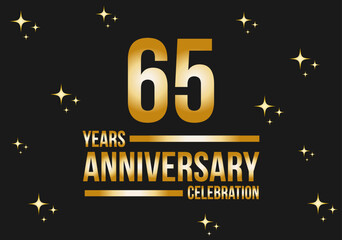 65 years anniversary celebration logo. Gold vector on black background with glitter.