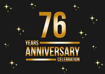 76 years anniversary celebration logo. Gold vector on black background with glitter.