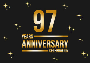 97 years anniversary celebration logo. Gold vector on black background with glitter.