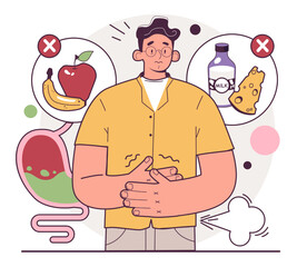 Character with food allergy. Grocery intolerance, products causing flatulence