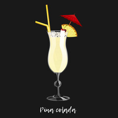 Alcoholic cocktail pina colada on black background. Bar drink, beverage in glass for menu. Vector illustration