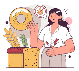 Character with food allergy. Gluten intolerance, food causing flatulence