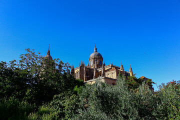 Distant view of the cathedral in Salamanca, Spain, over the trees on a sunny day with a bright blue sky