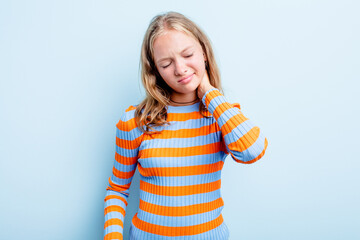 Caucasian teen girl isolated on blue background having a neck pain due to stress, massaging and touching it with hand.