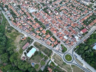 Aerial view of modern buildings surrounded by trees in Bitola, Macedonia