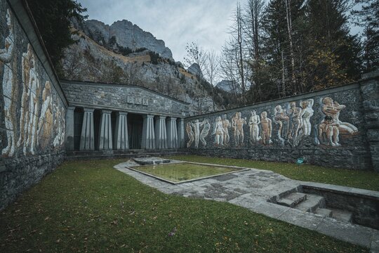 Paxmal peace monument depicting different murals on the walls in Walenstadt, Switzerland