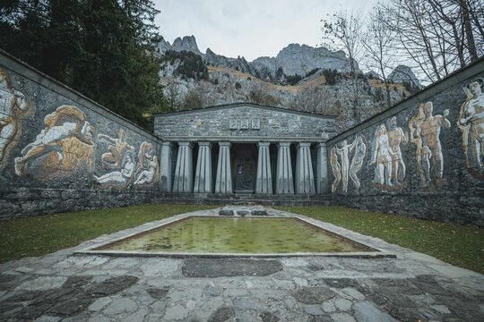 Paxmal peace monument depicting different murals on the walls in Walenstadt, Switzerland