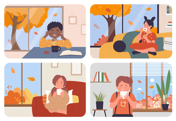 Cozy autumn time, cute kids drink hot coffee or tea at home vector illustration set. Cartoon girl boy child characters holding cup and mug, children sitting under warm comfortable blanket background