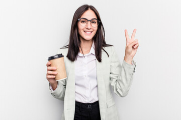 Young business caucasian woman holding takeaway coffee isolated on white background showing number two with fingers.