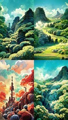 Peaceful and romantic landscape in anime or colored manga artstyle depicting panoramic view on nature and weather - obrazy, fototapety, plakaty