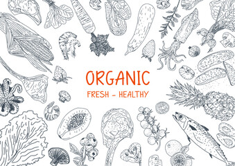 Healthy eating. Organic food illustration. Healthy food frame vector illustration. Vegetables, fruits and meat. Hand drawn sketch.