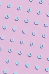 Flat lay light blue bat symbols on a pink background. Modern creative 3d render Halloween illustration. Trendy Halloween 3d background concept