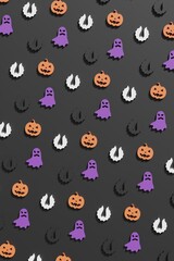 Fototapeta premium Flat lay 3d render Halloween symbols on a black background. Modern creative 3d Halloween illustration. Trendy Halloween 3d background concept