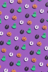 Fototapeta premium Flat lay 3d render Halloween symbols on a violet background. Modern creative 3d Halloween illustration. Trendy Halloween 3d background concept