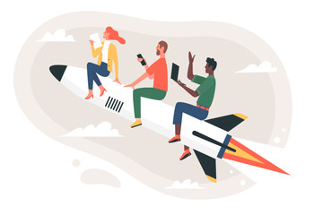 Startup launch by team of entrepreneurs, teamwork of business partners. Cartoon people fly up on rocket, idea development of employees flat vector illustration. Progress, mission, success concept