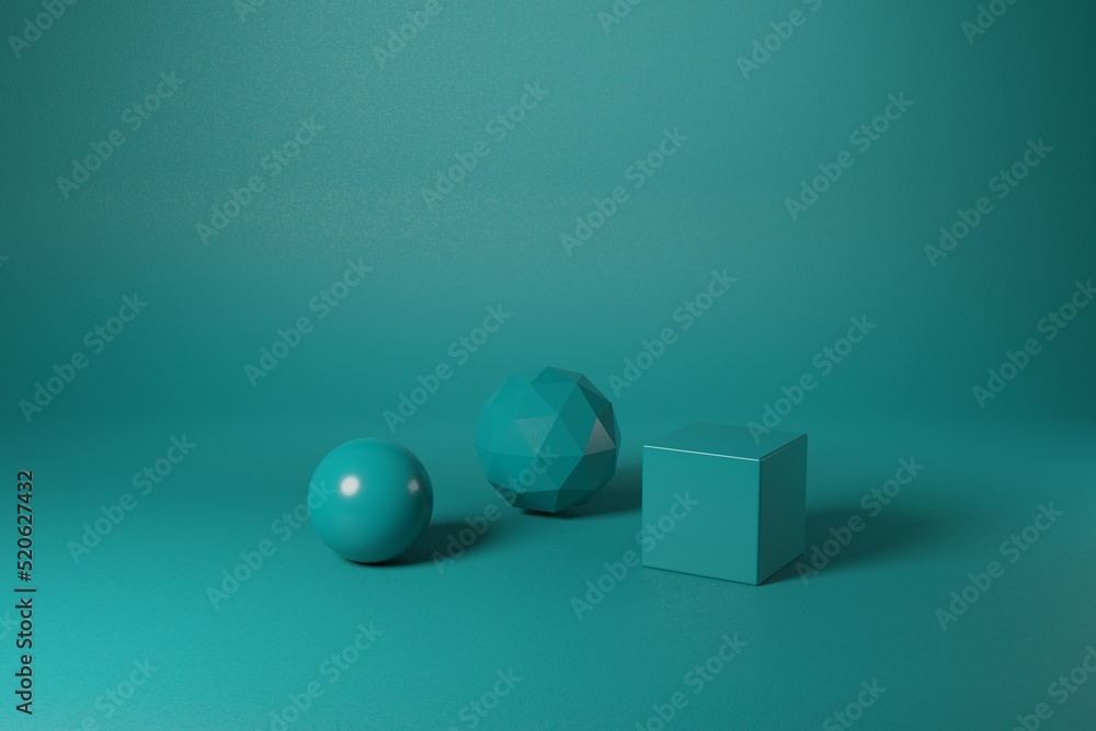 Poster various geometric shapes in dark green color. 3d rendering scene with simple geometric elements. abs