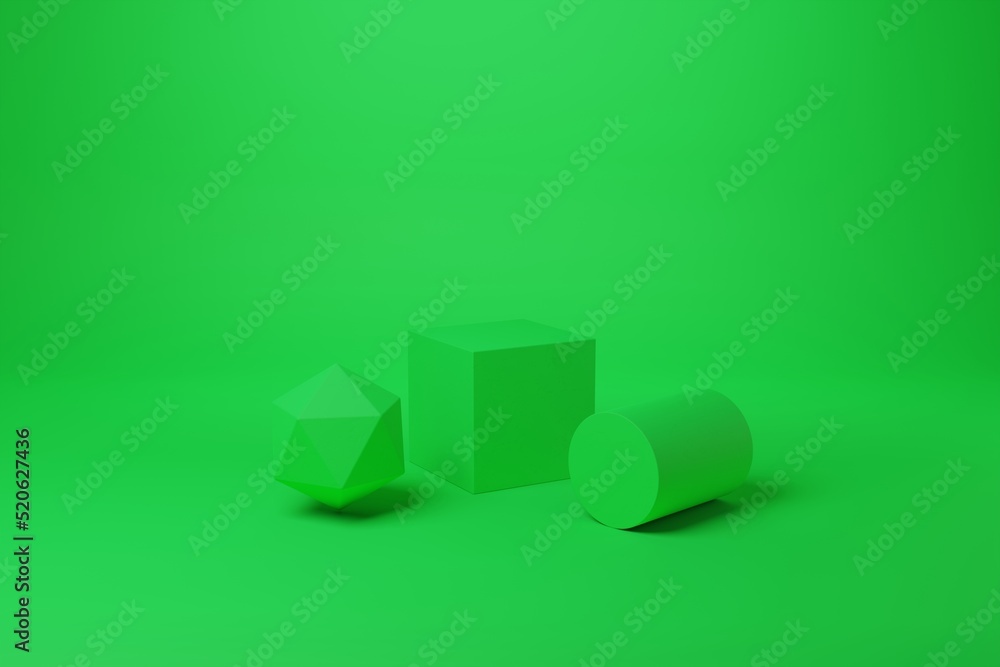 Poster various geometric shapes in green color. 3d rendering scene with simple geometric elements. abstract