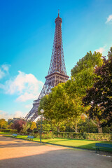 Fototapeta premium Eiffel tower view from Trocadero at sunny day, Paris, France