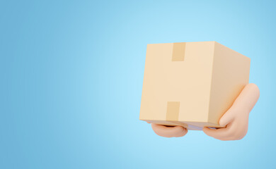 3d Hand holding brown cardboard box and floating isolated blue background. Deliver products to customers safely. Market online, Fast delivery, Express shipping concept. Cartoon icon style. 3d render.