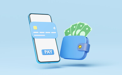 3d Phone with pay button credit card, wallet, bank floating on blue background. Mobile banking, Online payment service. Withdraw money, Easy shop, Cashless society concept. Cartoon minimal 3d render.