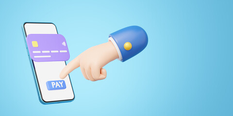 3D Hand press pay button icon. Phone with credit card float on blue background. Mobile banking, Online payment service. Withdraw money, Easy shop, Cashless society concept. Cartoon minimal 3d render.