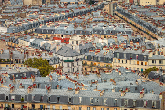 Above alleys and roofs pattern of Montmartre in Paris, France