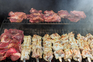 BBQ grilled skewers of beef meat with shish kebab grill delicious skewers for a tasty evening meal.