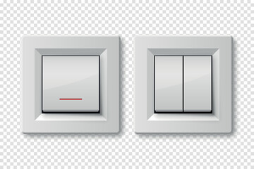 Set of two realistic 3d electric switches vector icon isolated on chequered background.