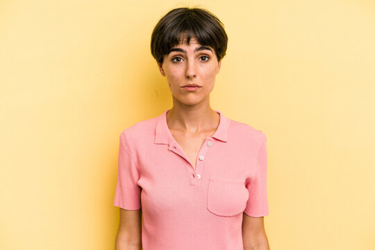 Young Caucasian Woman With A Short Hair Cut Isolated Sad, Serious Face, Feeling Miserable And Displeased.