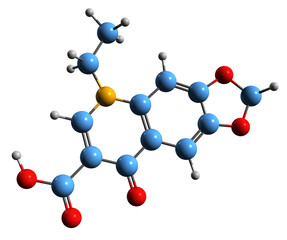  3D image of Oxolinic acid skeletal formula - molecular chemical structure of  quinolone antibiotic isolated on white background