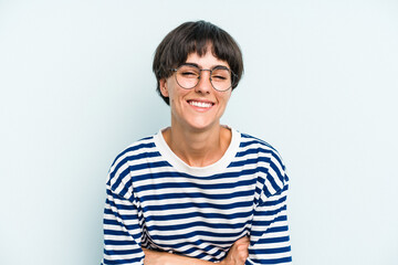 Young caucasian woman with a short hair cut isolated laughing and having fun.