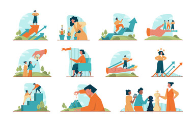 Fototapeta premium Leadership concept set. Manager leading a workteam. Strategy and business