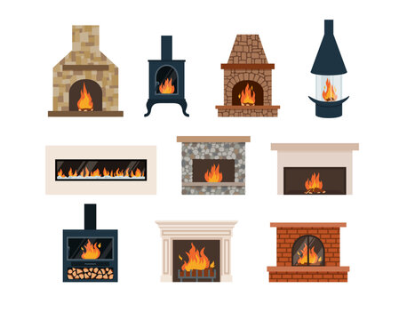 Various fireplace icons - classic and modern home fireplaces, flat vector illustration isolated on white background.