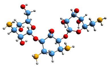 3D image of Kanamycin A skeletal formula - molecular chemical structure of antibiotic isolated on white background
