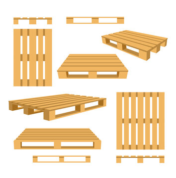Wooden pallets set from different angles, flat vector illustration isolated.