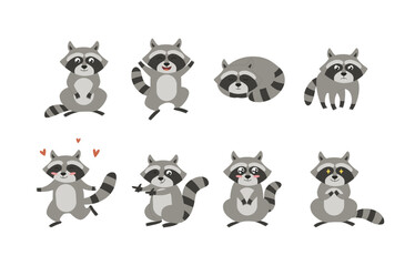 Raccoon in various poses with different emotions in flat vector illustration © sabelskaya