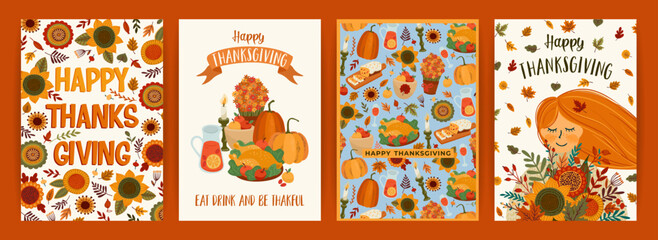 Fototapeta premium Happy Thanksgiving illustrations. Set of vector designs for card, poster, flyer, web and othe