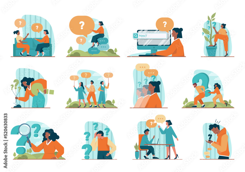 Poster question concept set. confused character in doubt with big question
