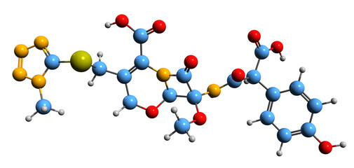 3D image of Latamoxef skeletal formula - molecular chemical structure of oxacephem antibiotic moxalactam isolated on white background
