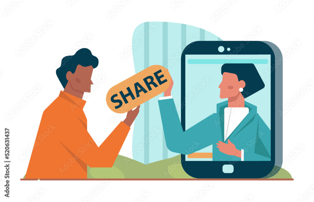 Poster sharing concept. character using devices to share posts in social