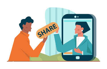Sharing concept. Character using devices to share posts in social