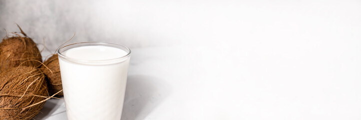 Various vegan vegetable milk, non dairy coconut alternative milk, horizontal banner with free space...