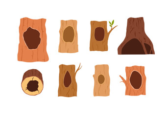 Hollow, a hole in a tree, a set of illustrations on a white background, a vector flat.