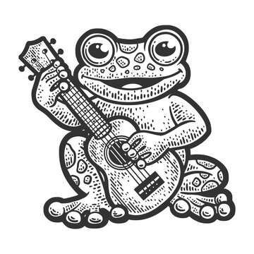 cartoon frog plays guitar ukulele and sings song sketch engraving vector illustration. Scratch board imitation. Black and white hand drawn image.