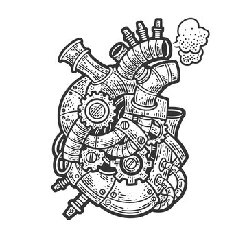 mechanical iron artificial heart steampunk sketch engraving vector illustration. Scratch board imitation. Black and white hand drawn image.