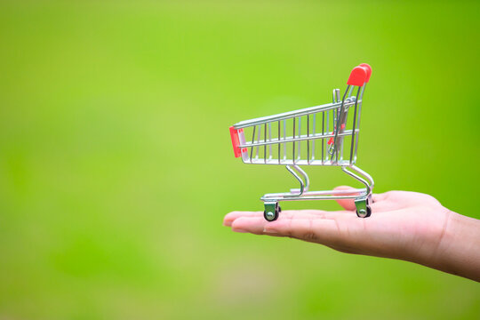 A Small Shopping Cart Outdoor In Nature On Hand, With Green Grass In The Background, Green Business, Convenient Shopping, And Environment Impact Concept